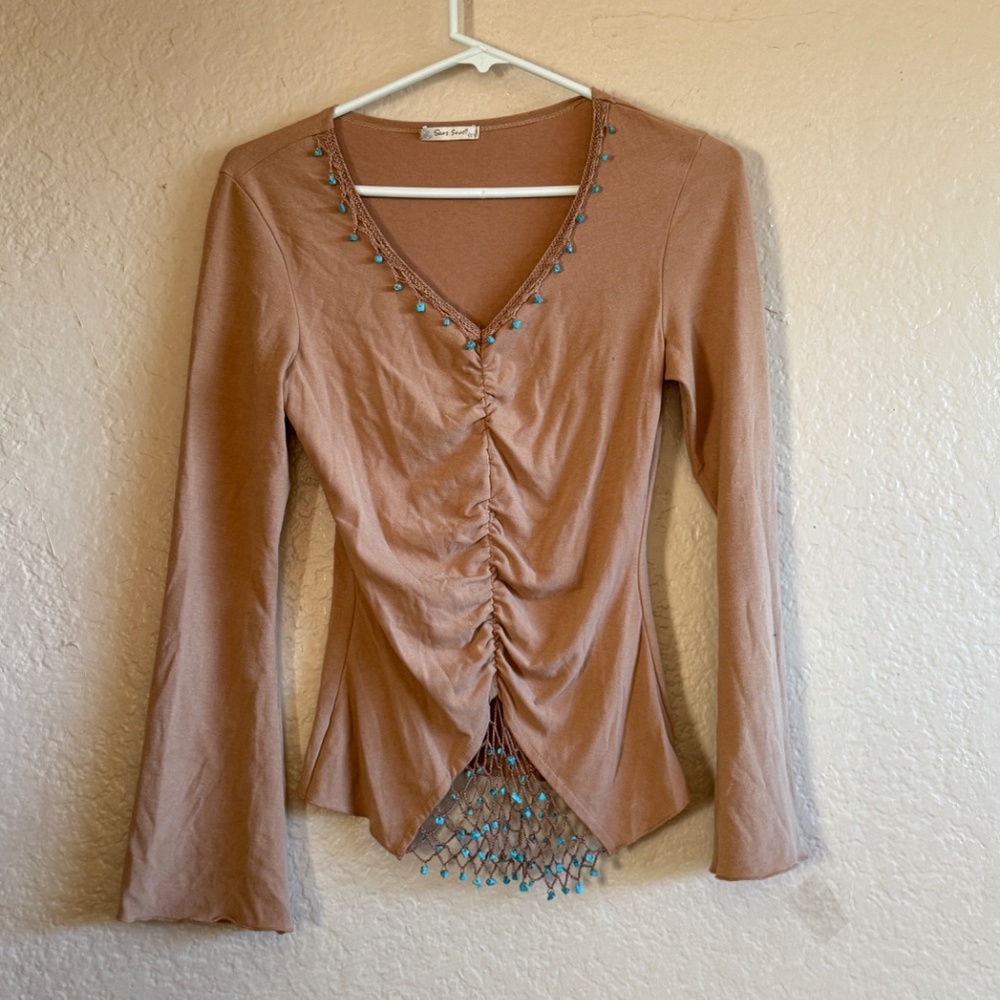 90s Y2K Sans Souci Ruched Tan w/ Faux Turquoise Beaded Flare Long Sleeves Top